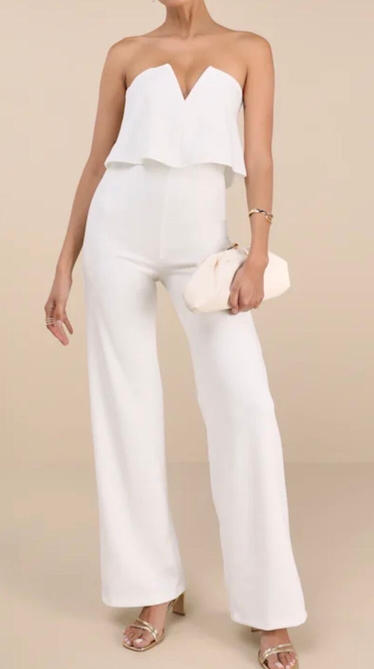 Lulus strapless white tall jumpsuit v cut power of love jumpsuit $99 Small NWOT